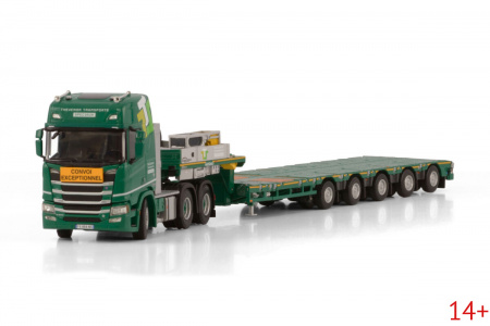 01-4551 Масштабная модель Низкорамный трал SCANIA R HIGHLINE CR20H 6X4 MANOOVR в масштабе 1:50