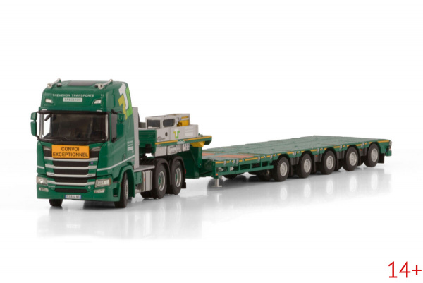 01-4551 Масштабная модель Низкорамный трал SCANIA R HIGHLINE CR20H 6X4 MANOOVR в масштабе 1:50